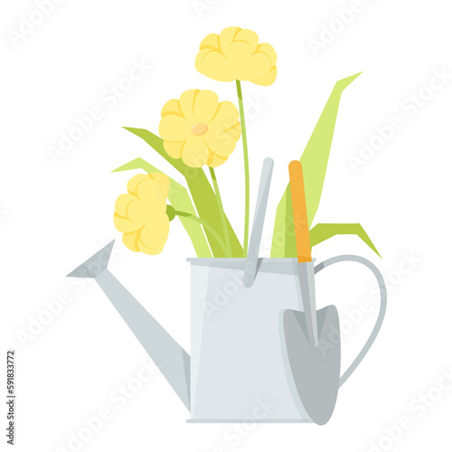 Metal watering can with flowers and a small shovel