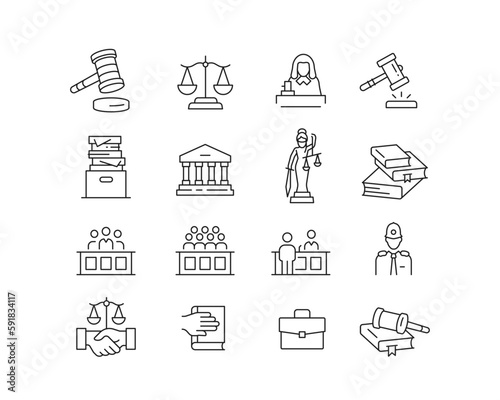 Law and Courtroom Icon collection containing 16 editable stroke icons. Perfect for logos, stats and infographics. Change the thickness of the line in Adobe Illustrator (or any vector capable app).