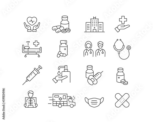 Healthcare Icon collection containing 16 editable stroke icons. Perfect for logos, stats and infographics. Change the thickness of the line in Adobe Illustrator (or any vector capable app).