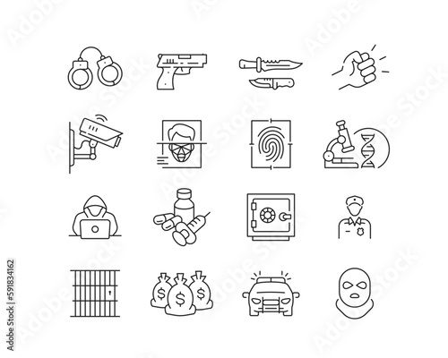 Law and Crime Icon collection containing 16 editable stroke icons. Perfect for logos, stats and infographics. Change the thickness of the line in Adobe Illustrator (or any vector capable app).