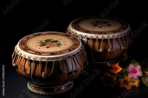 A tabla is a pair of twin hand drums from the Indian subcontinent, that are somewhat similar in shape to the bongos. Ai generated. photo