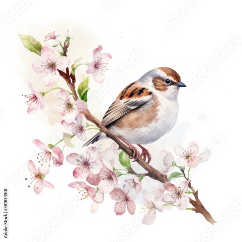 An Adorable Watercolor Tiny Sparrow Generative Ai © BridalBling
