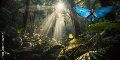 Beautiful blue butterfly in fairy forest. Ai generated.  © Ярослав Антонюк
