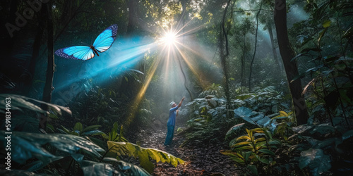 Beautiful blue butterfly in fairy forest. Ai generated. 