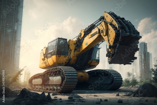 autonomus excavator, concept of Robotic Digging and Autonomous Mining. Generative AI photo