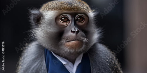 Monkey in suit. Businessman. AI generated.
