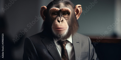Monkey in suit. Businessman. AI generated.