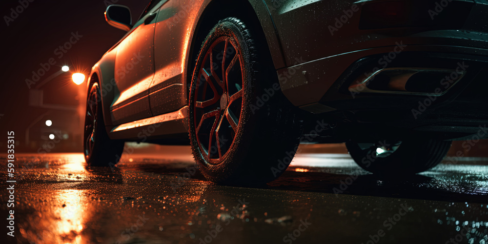 Car wheels in the rain in dark style. Ai generated