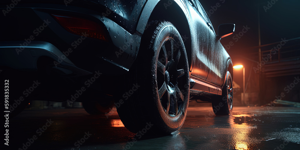 Car wheels in the rain in dark style. Ai generated