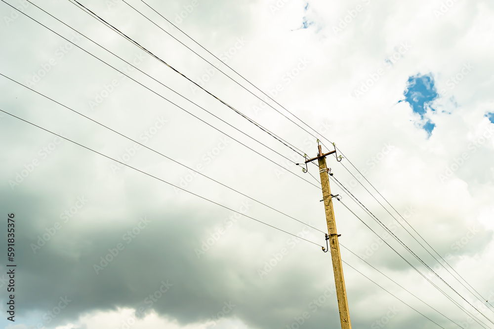 Power electric pole with line wire on colored background close up Power electric pole with line wire on colored background close up