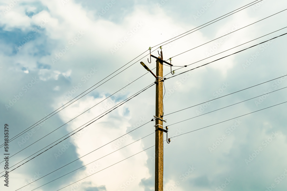 Power electric pole with line wire on colored background close up Power electric pole with line wire on colored background close up