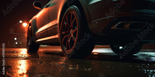 Car wheels in the rain in dark style. Ai generated © Ярослав Антонюк