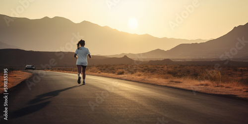 Girl running on the road. Ai generated.