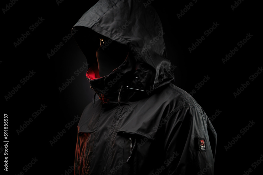 Raincoat in black and red colors. Ai generated. 