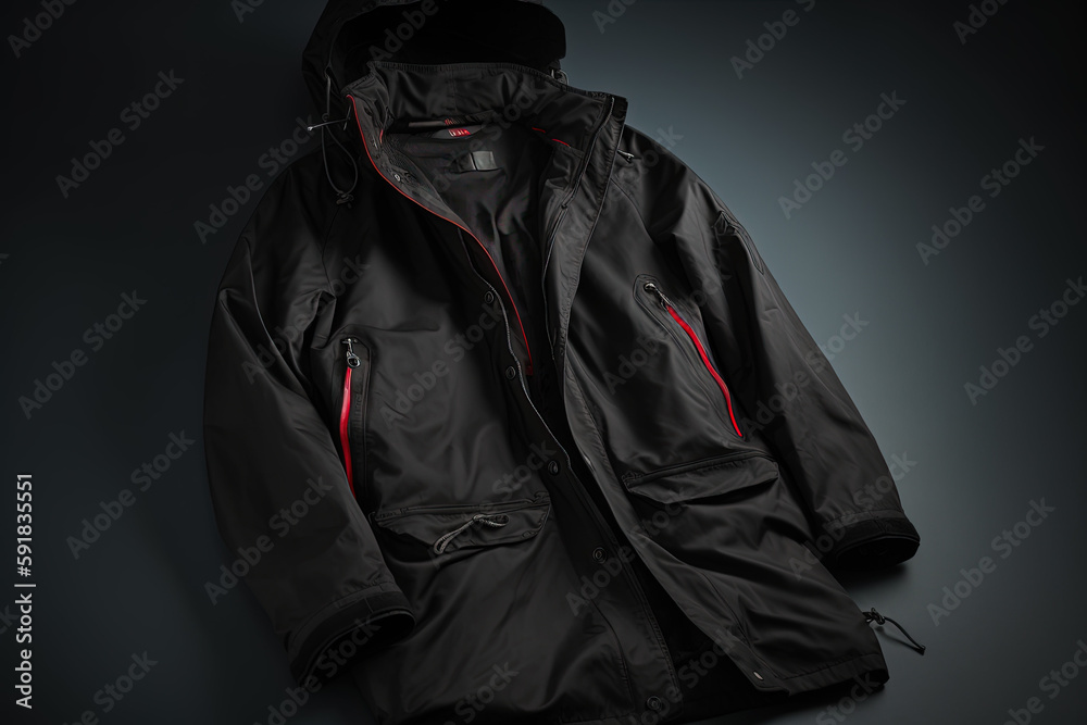 Raincoat in black and red colors. Ai generated. Raincoat in black and red colors. Ai generated.