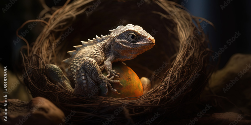 Obraz premium Cute baby dragon with egg. Ai generated. 