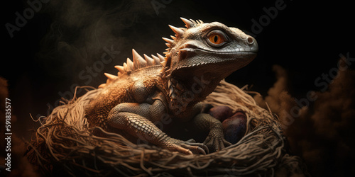 Cute baby dragon with egg. Ai generated. 