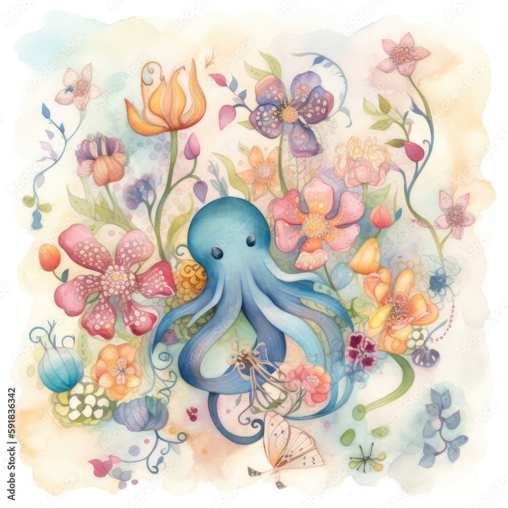 Fototapeta premium Watercolor Octopus Generative Ai