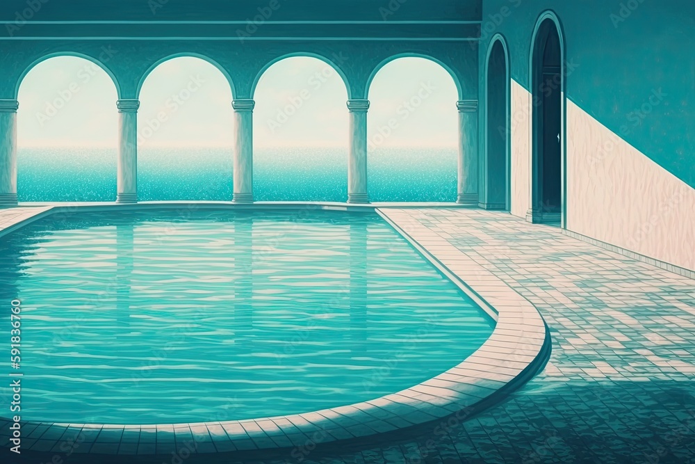 serene swimming pool with elegant arches in the background. Generative AI