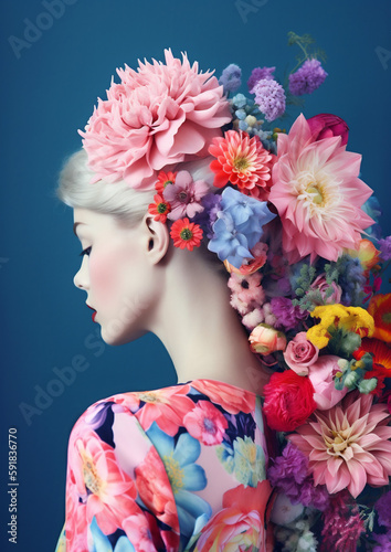woman art fashion nature summer bouquet beauty flower peony spring portrait. Generative AI.