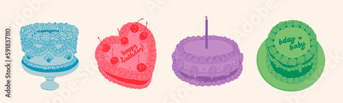 Set of Cakes with candle cherry, cream, text. Retro style. Sweet tasty food. Hand drawn trendy Vector illustration. Isolated design elements. Party, wedding, anniversary, celebration, birthday concept