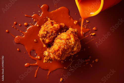 A picture of fried chicken with red sauce on the side.