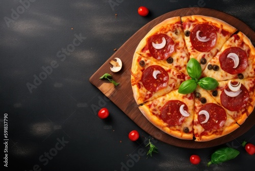 Pizza pepperoni on black wooden background