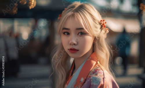Cute japanese girl wearing a kawaii kimono, frontal shot, portrait, with generative AI technology © Markus Schröder