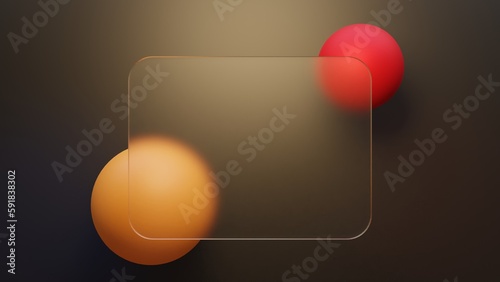 3D rendering of an mockup background containing colored geomtric elements with frosted glass panel in front photo