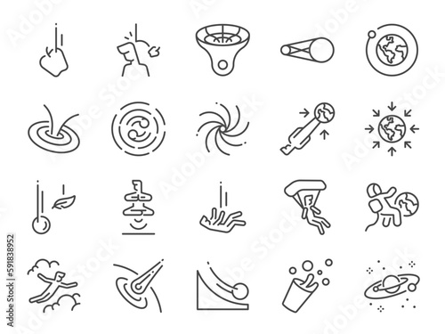 Gravity icon set. It included heavy, falling, fly, Anti-gravity, non-gravitational, and more icons.