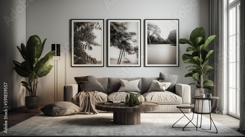 Minimalist Living Room Interior with Mockup Frame Poster, Modern interior design, 3D render, 3D illustration