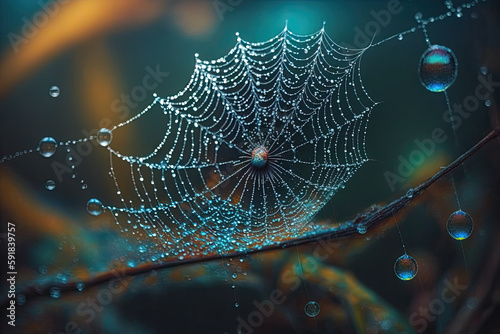 water drops on a spider web. Generative AI