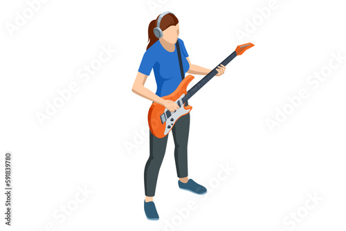 Isometric Realistic Electric Guitar. Woman playing an electric guitar isolated on white background