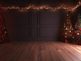 bellissimo interno di stanza vuota con grndi finestre, atmosfera natalizia con albero di natale e lucine, ideale per manipolazione fotografica, creato con ai