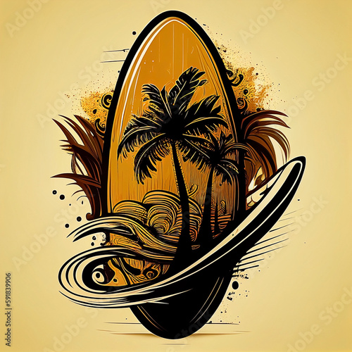logo design of surfing board. illustration of palm trees. beach design. AI generative