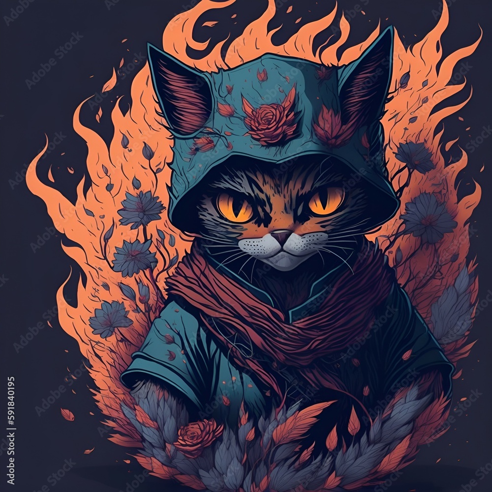 A cartoon cat with a black hoodie on his head is shown in a black and ...