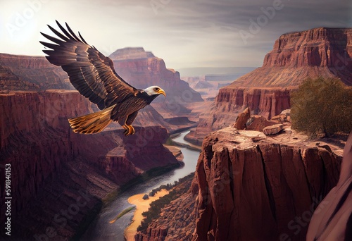 Eagle over Grand Canyon USA. Generative AI