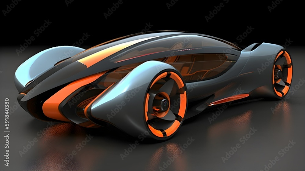 Futuristic Car. orange & white color. Two seat car. AI generated.