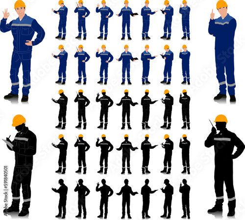 Hand drawn worker with a helmet. Worker wearing blue work overalls with safety band. Different poses and color options. Vector illustration set isolated on white. Full length view