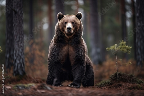 a grizzly bear in a wild forest. Generative AI