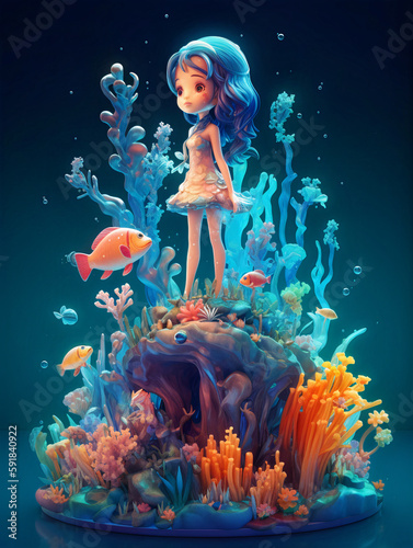Cute ocean element sprite girl in an underwater world full of coral and fishes