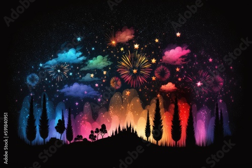 festive night with colorful fireworks lighting up the sky and trees in the background. Generative AI