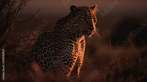 portrait of a leopard in african savanna at sunset. Generative AI © jr-art