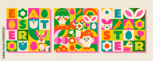 3 patterns in mosaic style for a happy Easter day. Bright, spring design with people, rabbits, flowers, Easter eggs and many elements that create a festive mood and the arrival of a warm spring!