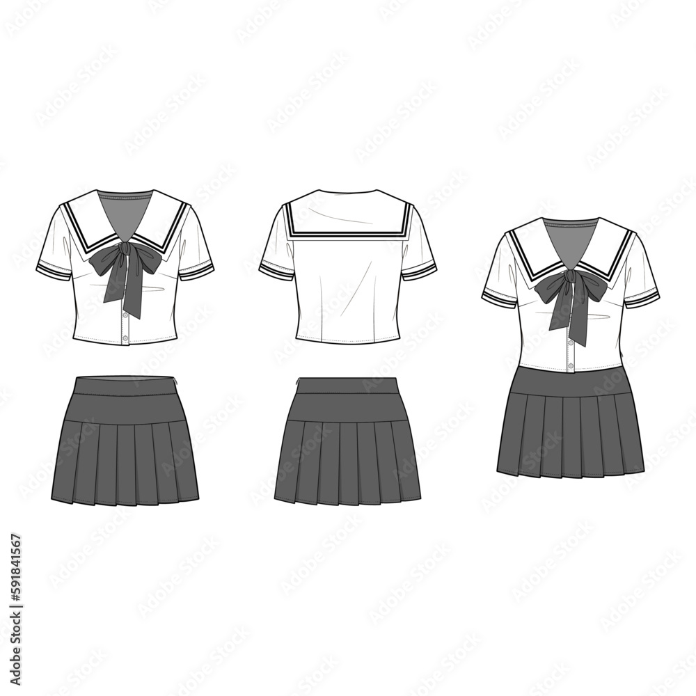 Technical flat sketch of high school uniform design template. Sailor