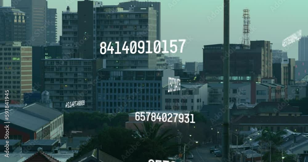 Animation of numbers processing over cityscape Animation of numbers processing over cityscape