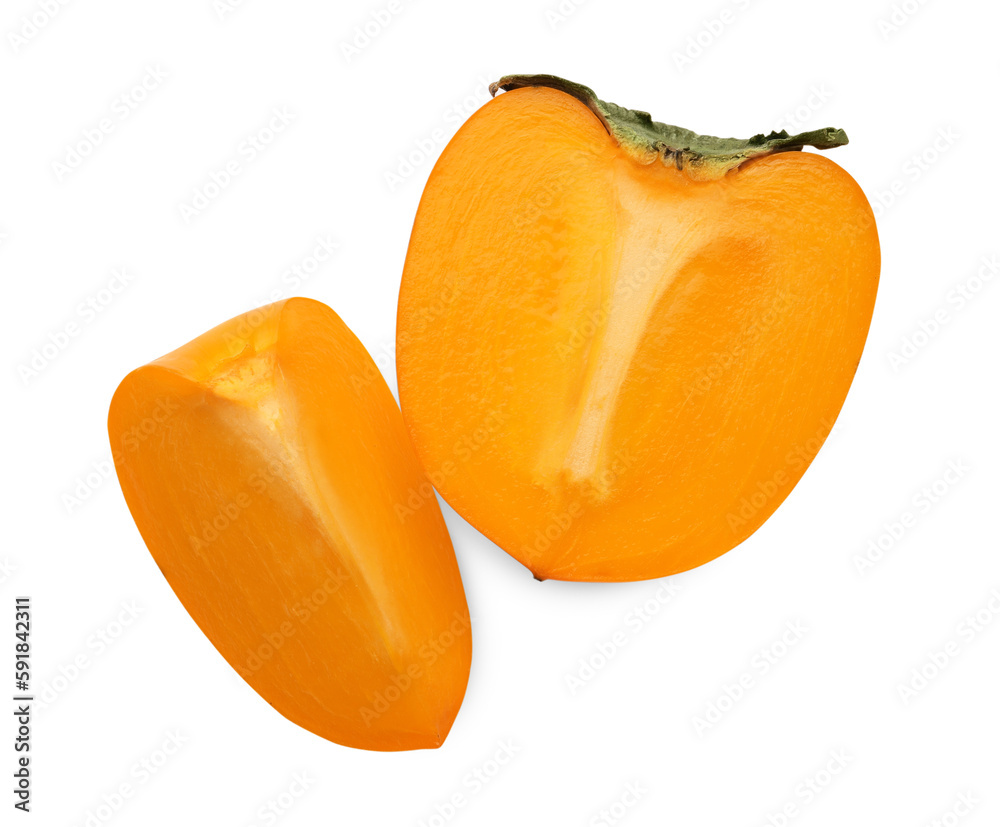 Cut delicious ripe juicy persimmon on white background, top view Cut delicious ripe juicy persimmon on white background, top view