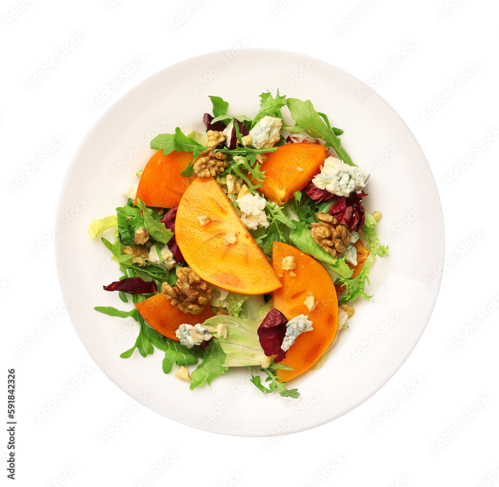 Delicious persimmon salad arugula and cheese isolated on white, top view Delicious persimmon salad arugula and cheese isolated on white, top view