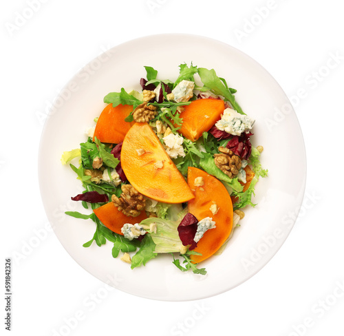 Delicious persimmon salad arugula and cheese isolated on white, top view