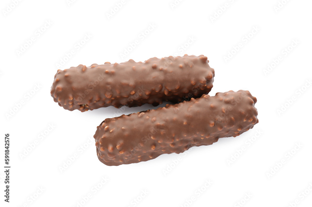Two tasty chocolate bars on white background, top view Two tasty chocolate bars on white background, top view